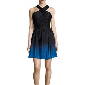 Halston Heritage Crisscross-Neck Ombre Party Dress Black/Cobalt Size 4